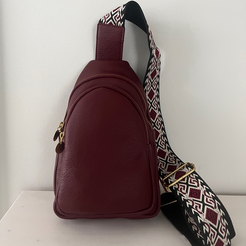 Burgundy Backpack / Crossbody with Geometric Strap